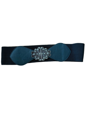 Black Stretch Waist Belt with Decorative Rhinestone Floral Buckle